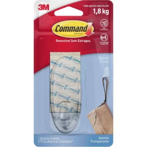 Command, 3m, Gancho, Adesivo Removível Sem Estragos, Transparente, Grande, 1 Unidade